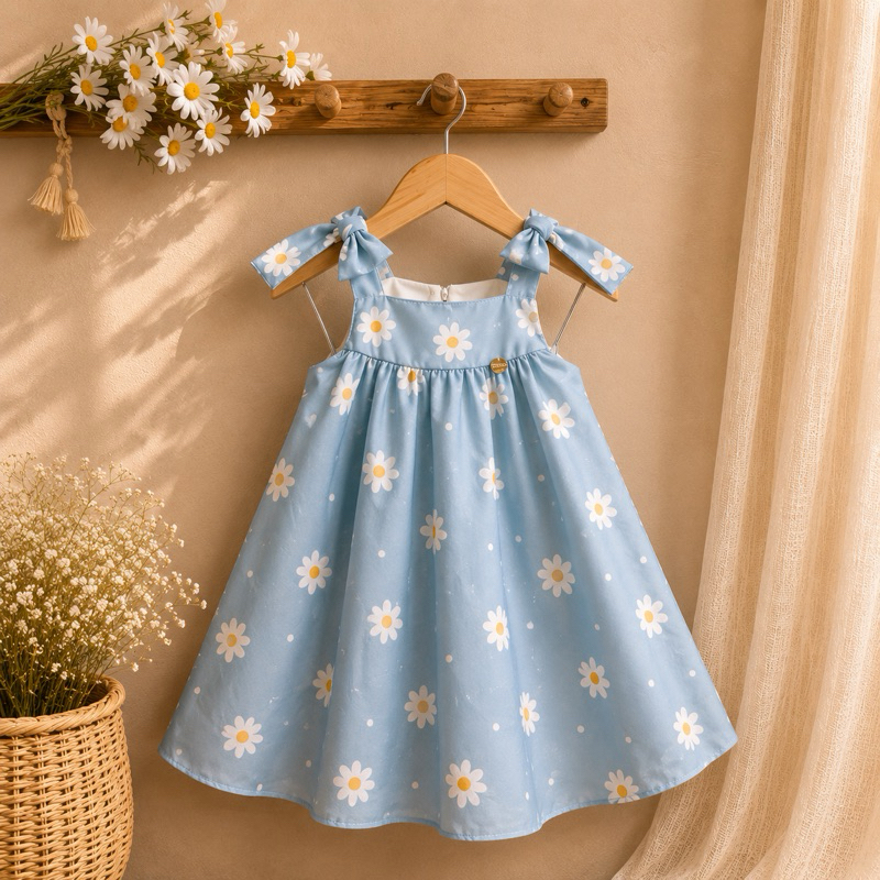 Vestido Infantil para Criança Trapézio Godê Laço Alça Delicado Chique Elegante