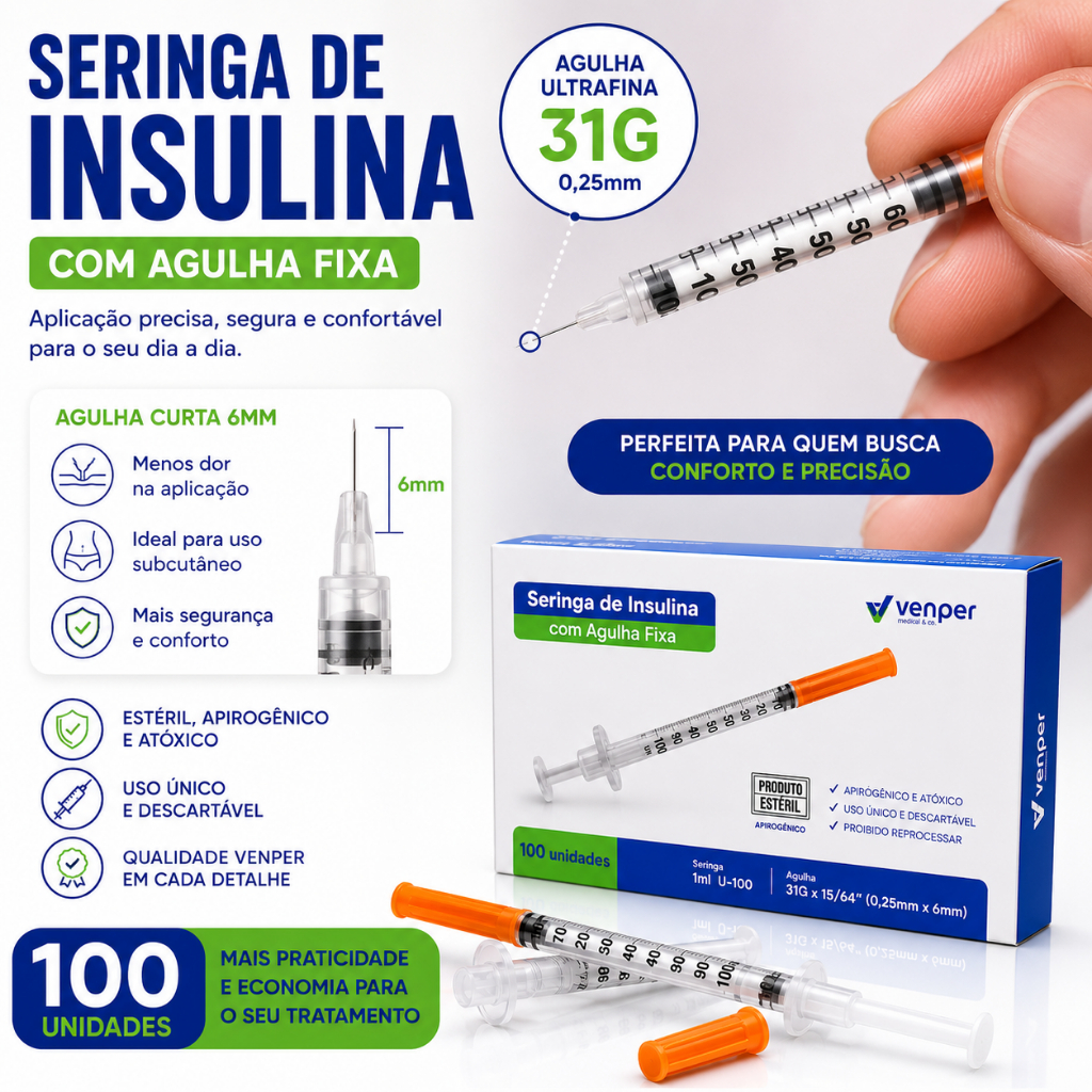 100 Unidades de Seringa de Insulina 1ml U100 31G com Agulha Fixa  0,25x6mm