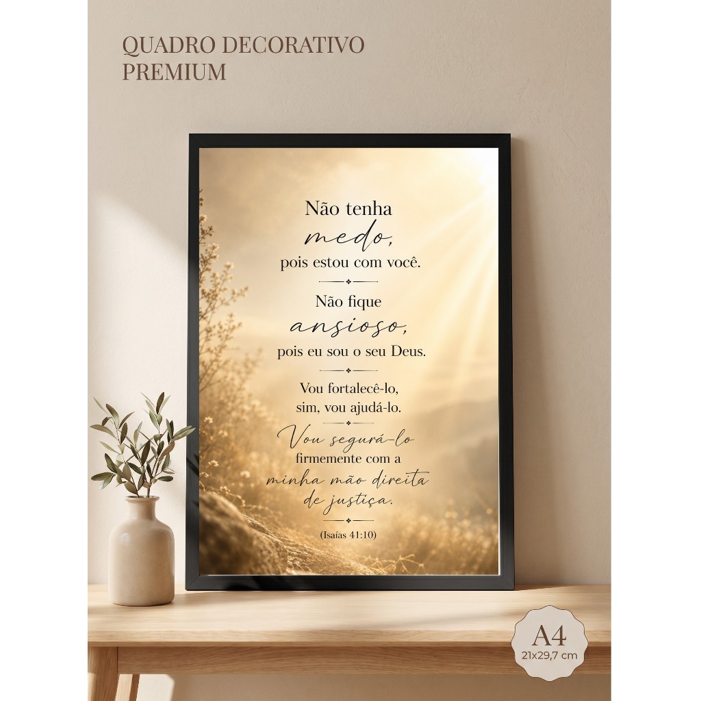 Quadro Cristão Isaías 41:10 Não Tenha Medo Moldura A4 Decoração Religiosa Premium
