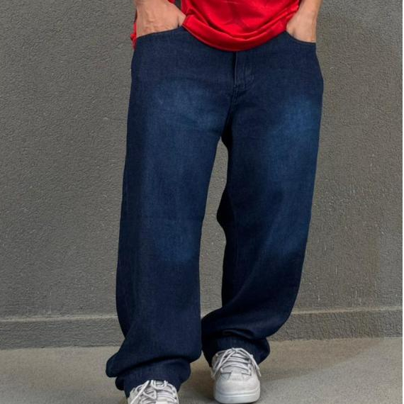 Calça Balão Jeans Azul Escuro Oversized Boca Larga Masculina Feminina Streetwear