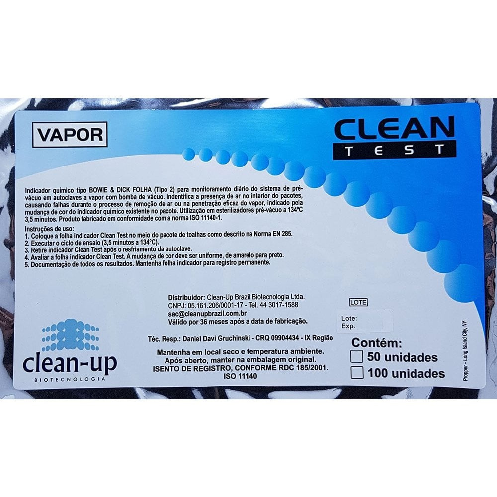 Teste Bowie & Dick Pacote P/ Esterilizador Pré-vacuo - 50 Cx clean up