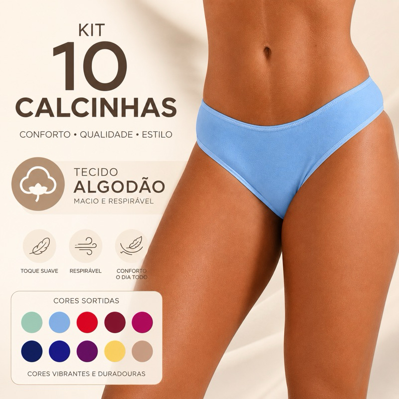 Kit 10 Calcinhas Femininas Lisa em Algodão Cotton Toque Macio e Confortável