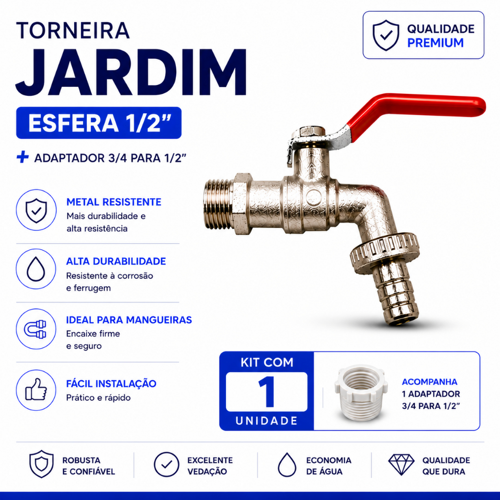 Torneira Jardim Esfera 1/2" + Adaptador 3/4 para 1/2 | Metal Reforçado | Bico para Mangueira |  1 Unidade