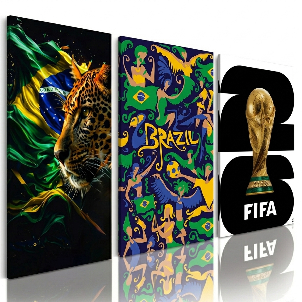 Kit Quadros Decorativos Futebol Copa do Mundo Brasil Seleção Brasileira Onça Pintada Bandeira - 3 Peças - Alta Qualidade