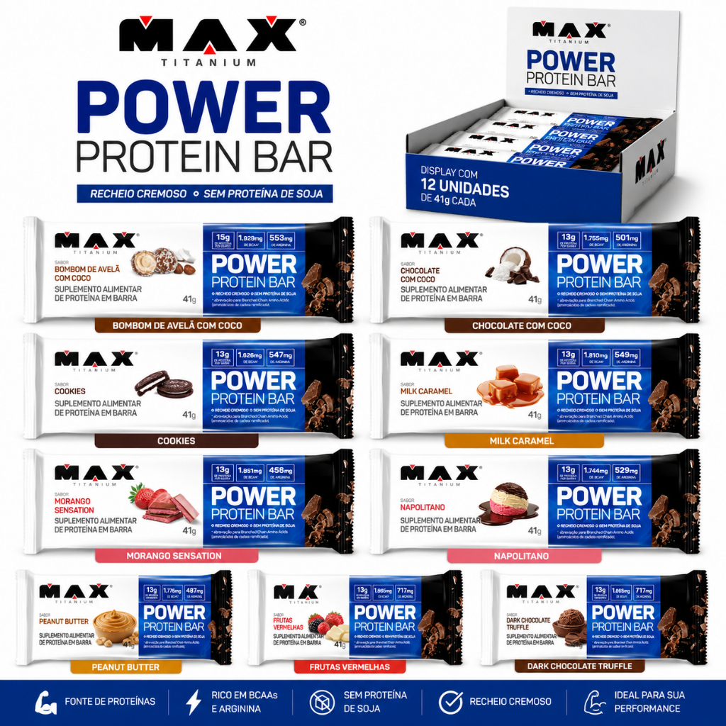Barra De Proteina Power Protein Bar Caixa 12 Unidades 41g Max Titanium