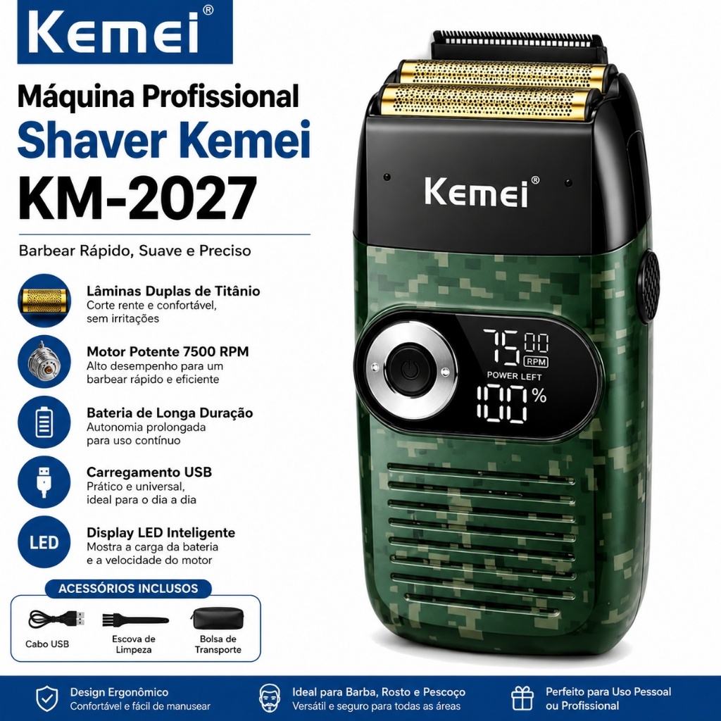 Máquina Barbeador Shaver Kemei KM-2027 Profissional Sem Fio Recarregável Display LED