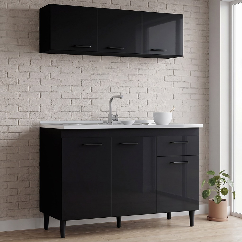 Armário Aéreo e Balcão de Cozinha com Pia Inox 120cm Classic P11 Preto - Mpozenato