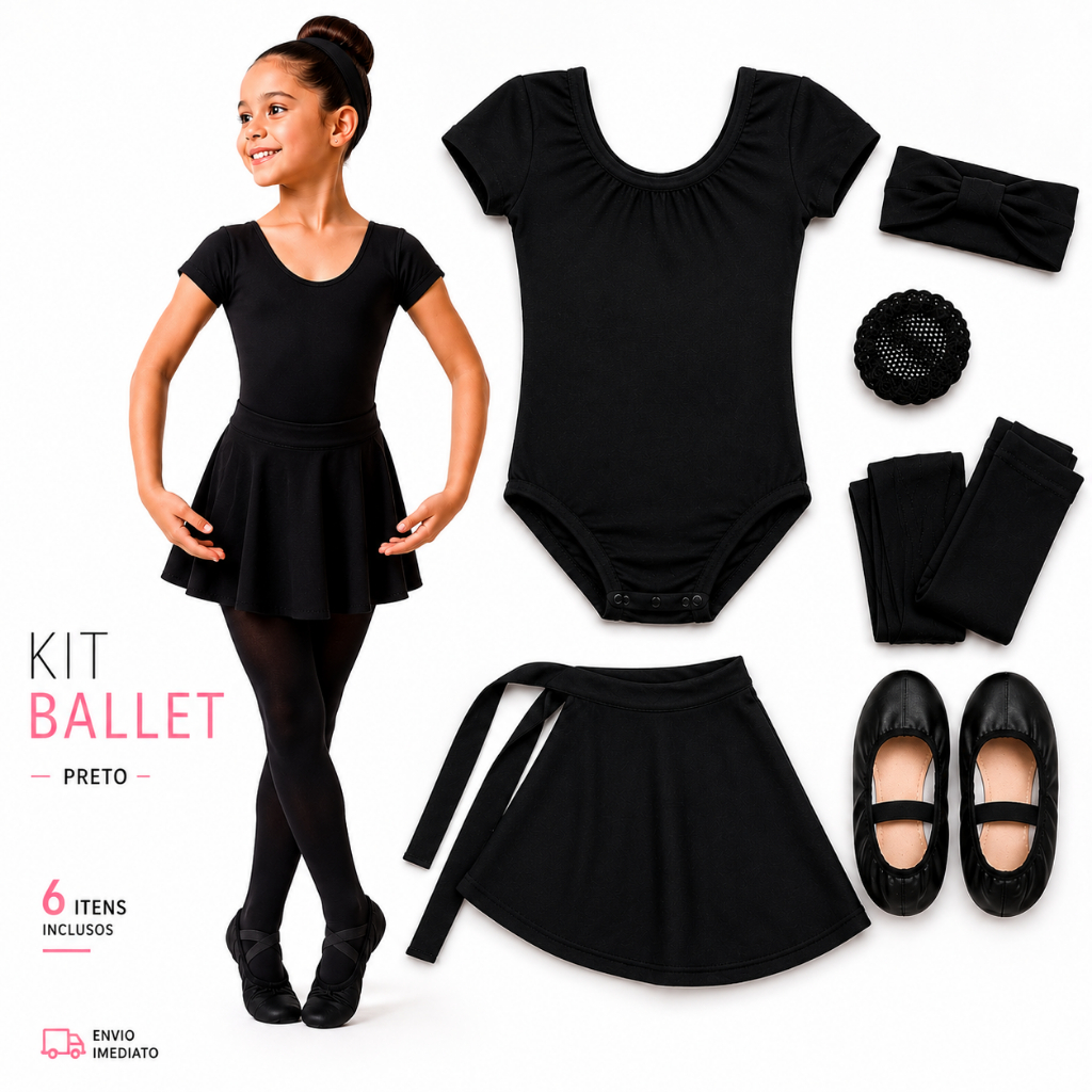 Kit Ballet Balé Dança Jazz Preto Infantil Juvenil 6 Itens/ Collant Saia Meia Calça Sapatilha Rede Faixa Envio Imediato.