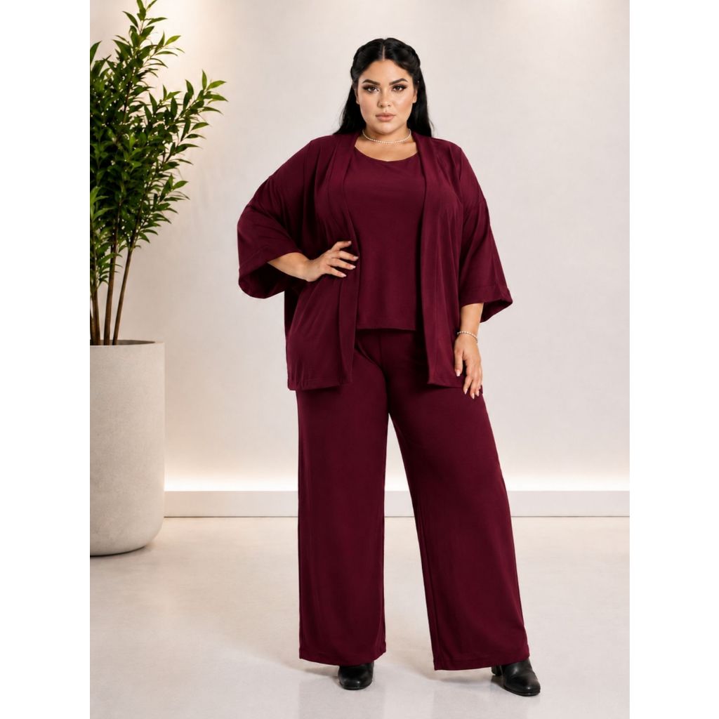 Conjunto Plus Size 3 peças Calça Pantalona Blusa Regata e Kimono Tecido Duna