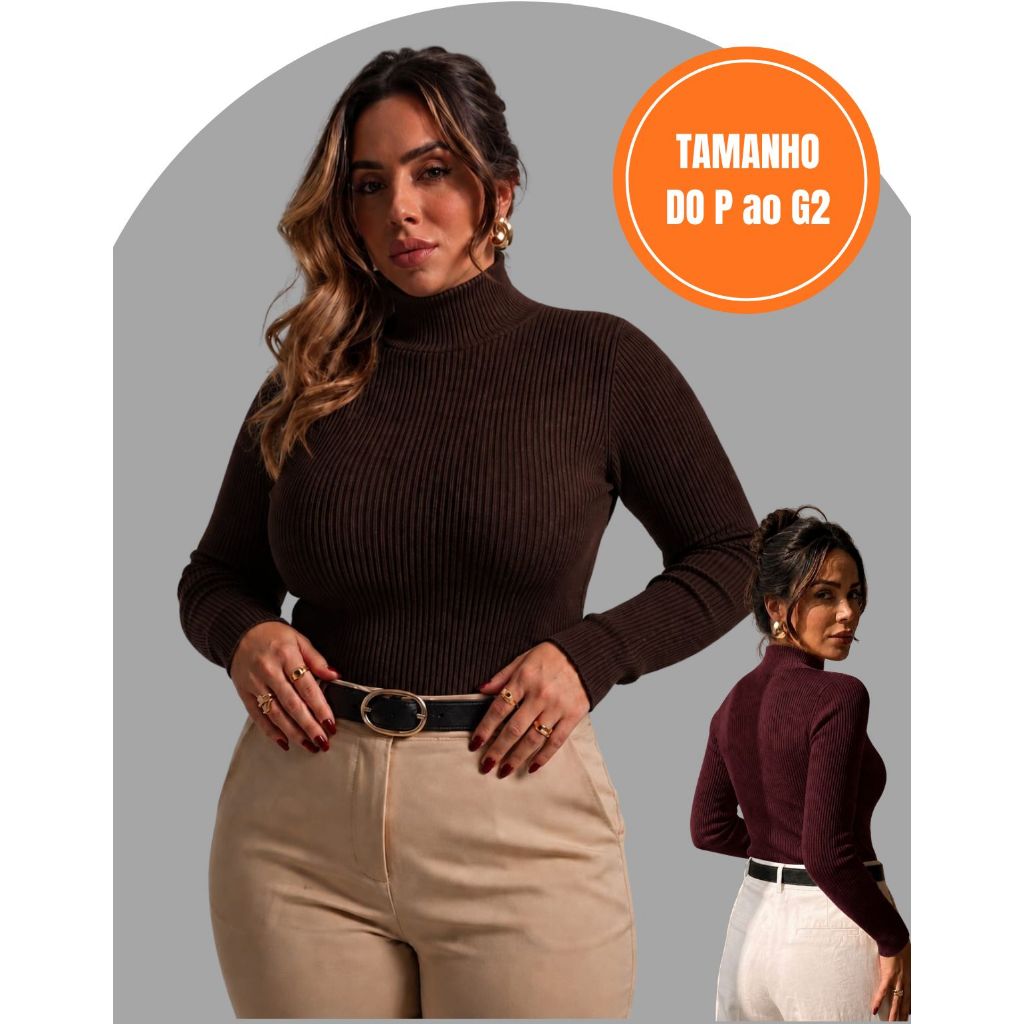 Blusa Plus Size Feminina Gola Alta Canelada Manga Longa Cacharrel Segunda Pele Inverno Promoção Elegante