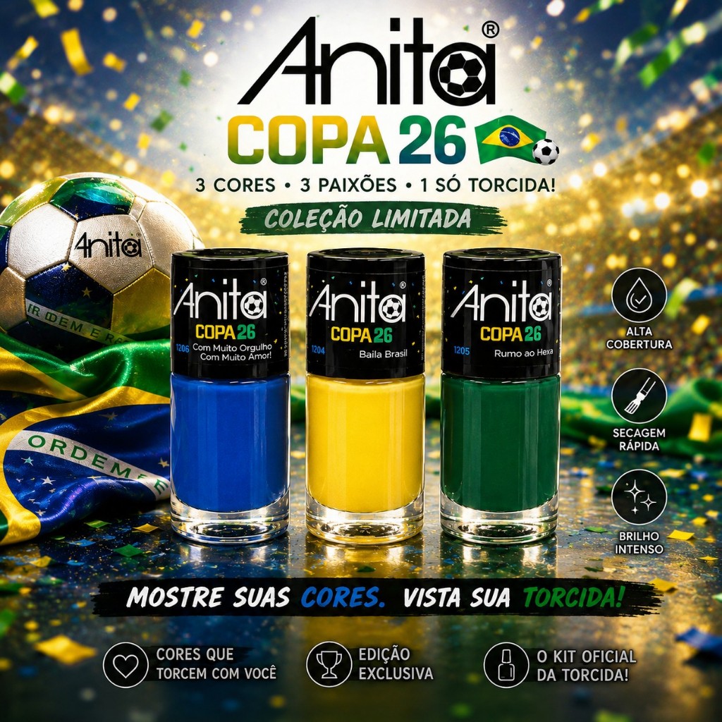 ANITA Kit 3 Esmaltes Coleção Copa Do Mundo 2026 Vai Brasil Alta Cobertura Longa Duração Manicure Pedicure Original