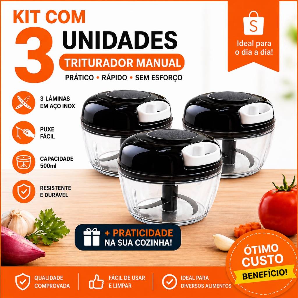 Triturador Manual de Alimentos 500ml Grande Processador Cozinha Premium Cortador Alho Cebola
