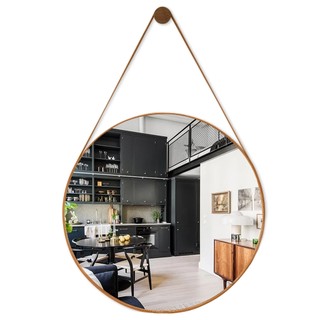 Espelho Decorativo Redondo Com Alça de Couro Adnet Para Banheiro Sala 60cm C/ Pino Suporte