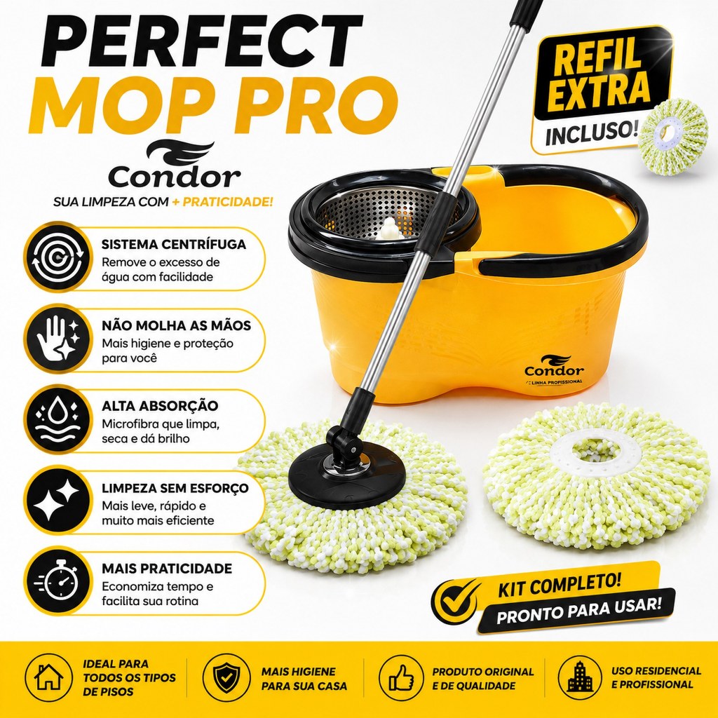 Mop Profissional Giratório Condor Perfect Mop Pro Balde 16L Centrífuga Cabo Inox Resistente