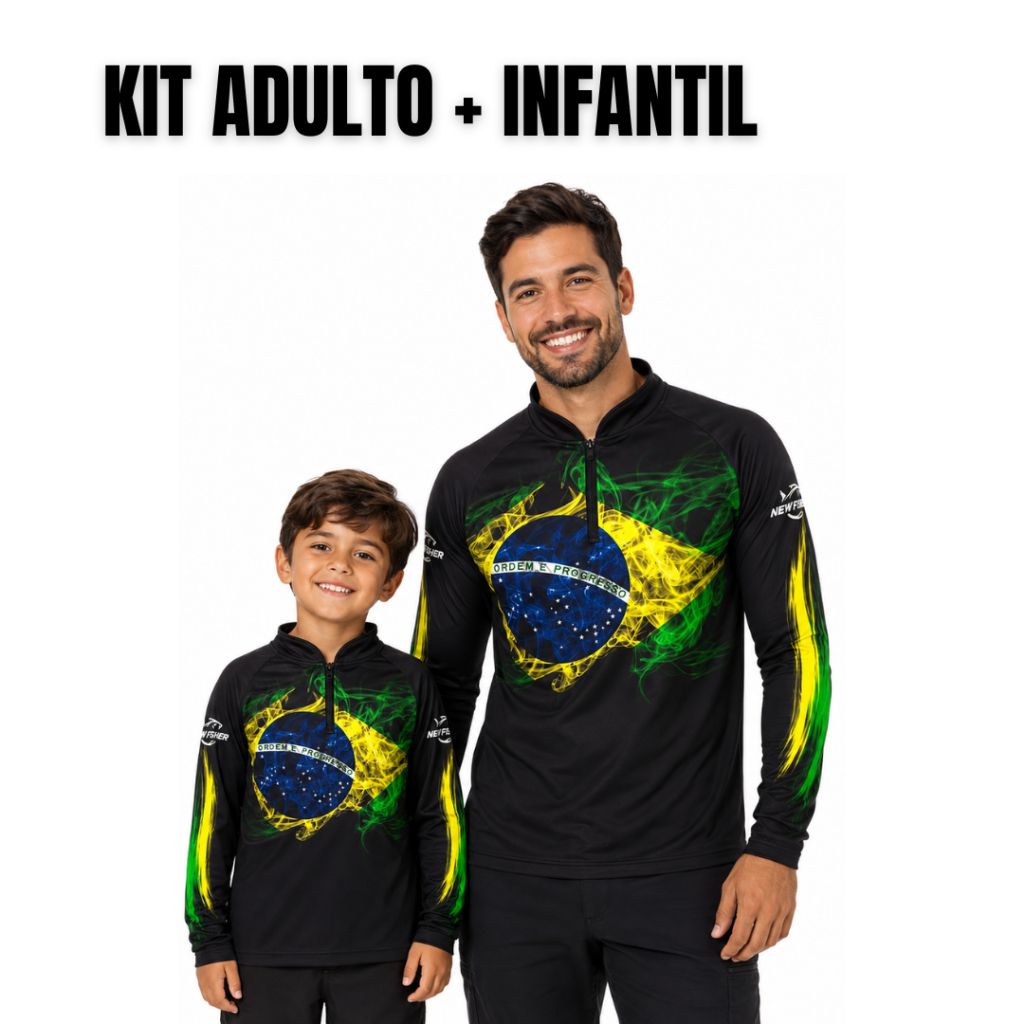 Kit Camisa Blusa Camiseta Adulto e Infantil Brasil Agro Pesca Praia New Fisher com Proteção UV50
