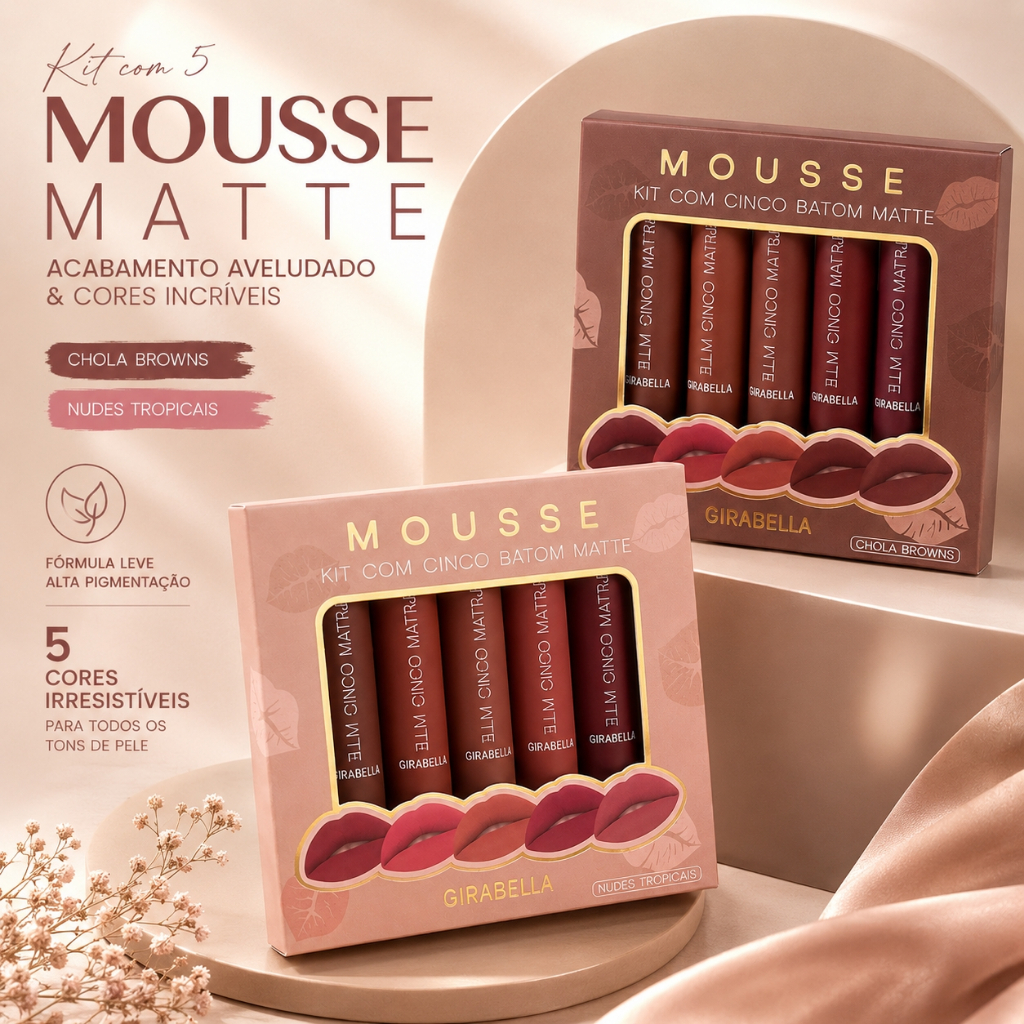 Mousse Kit Cores Batom Matte - Não Gruda, Longa Duração, Acabamento Veludo