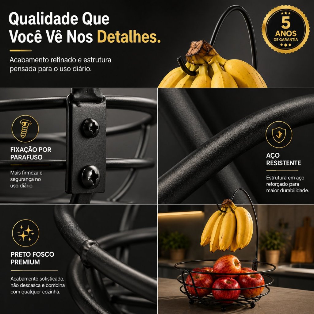 Fruteira Aramada 2x1 Redonda Com Suporte Cesta Para Banana Movel Preta Cesta Organizador De Frutas — imagem 2 de 2