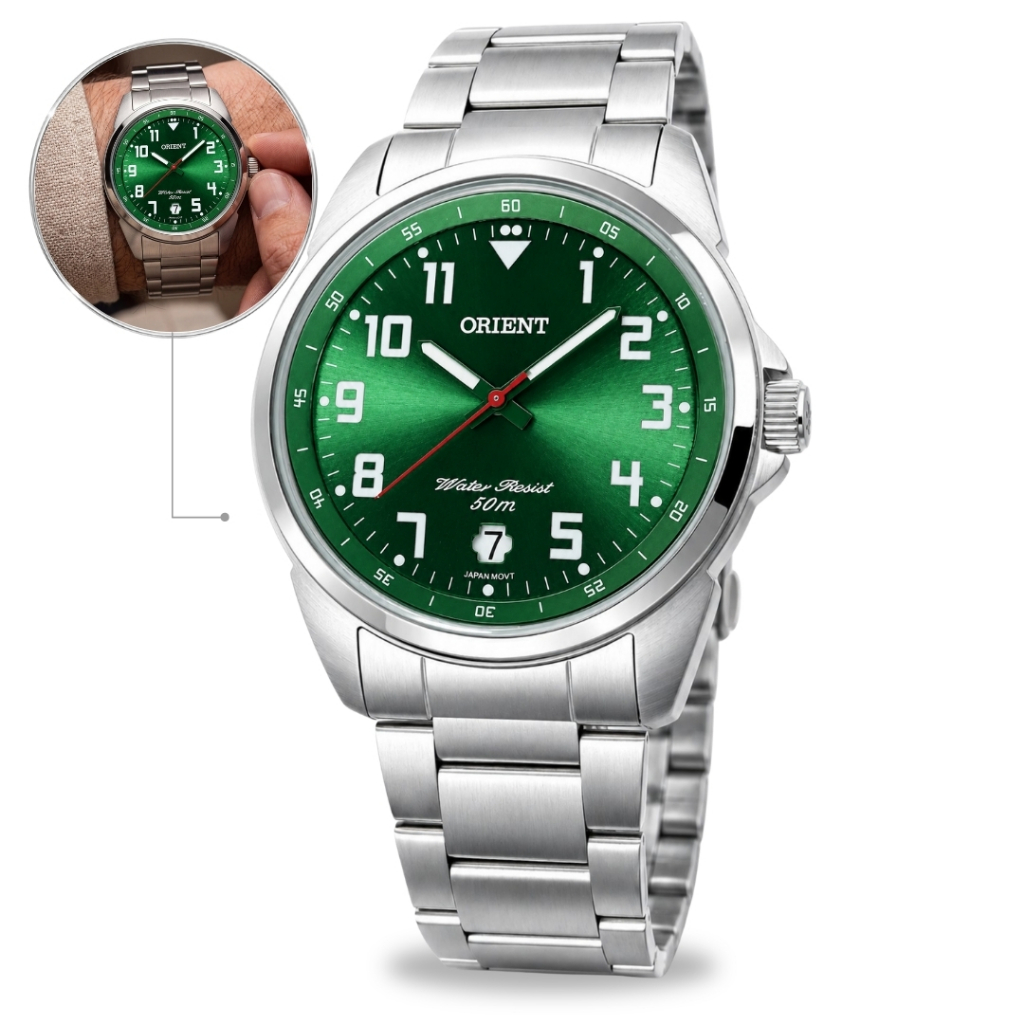 Relógio Orient Masculino De Pulso Analógico Quartz Esportivo Casual Em Aço Inox Com Fundo Verde A Prova Dágua Original