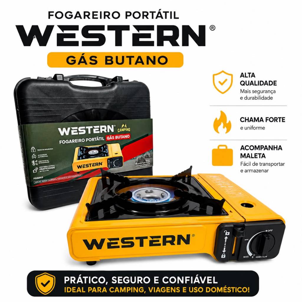 Fogão Portátil a Gás 1 Boca Com Maleta Acendimento Automático Western ou Guepardo Camping