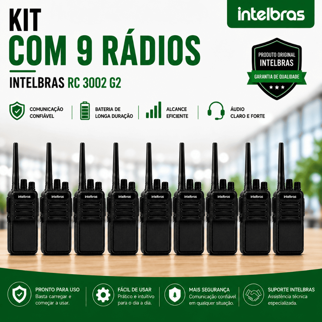 Kit 9 Unidades Rádio Comunicador Intelbras RC 3002 G2 Preto UHF Comunicação