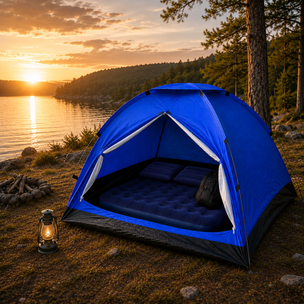 BARRACA CAMPING 4 PESSOAS + COLCHÃO CASAL + 2 TRAVESSEIROS