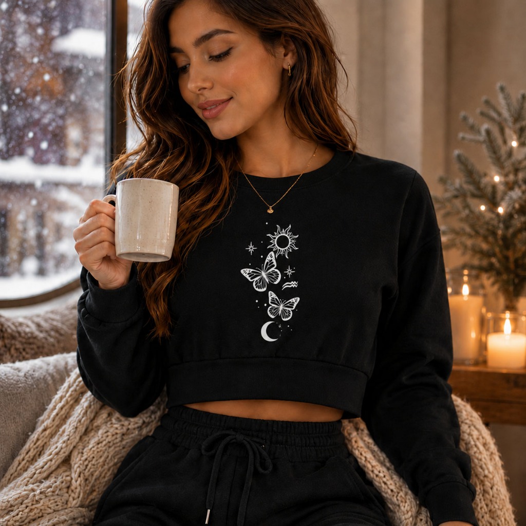 Cropped Moletom Feminino Frio Inverno Borboleta Sol Lua Estampado Alta Qualidade Premium