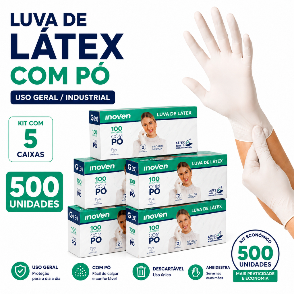 Luva Látex Com Pó Inoven CA 45332 Kit 500 Unidades Uso Geral Descartável