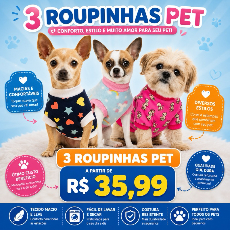 Oferta RELÂMPAGO Kit Completo:3 Roupinhas para pet - a partir de 35,99- 100% Soft e Confortáveis -Machos e Fêmeas!Oferta