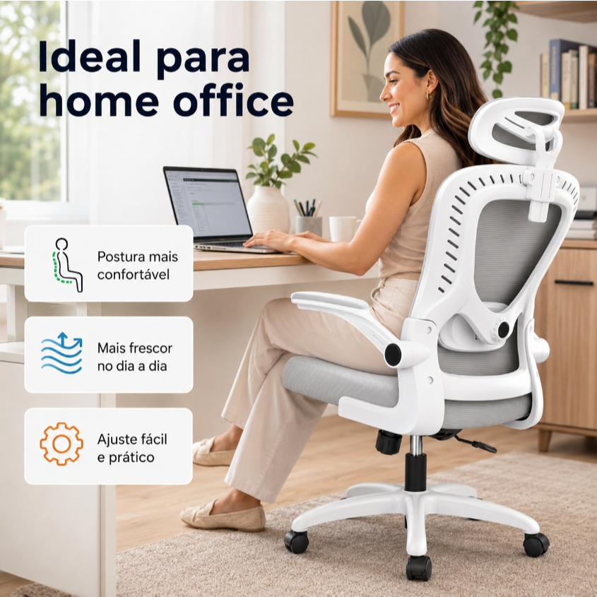 Cadeira de Escritório Giratória Ergonômica Branca Suporte Lombar com Rodízios Silenciosos para Home Office e Trabalho