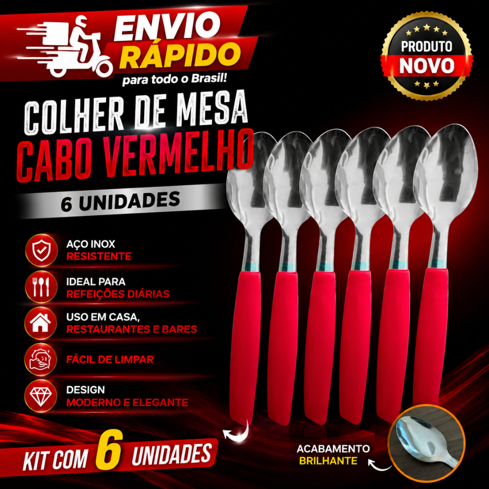 Unidade 6/12/24 Colheres de Cabo Vermelho Preto Sopa Mesa Refeição Jantar Almoço Restaurante Bar