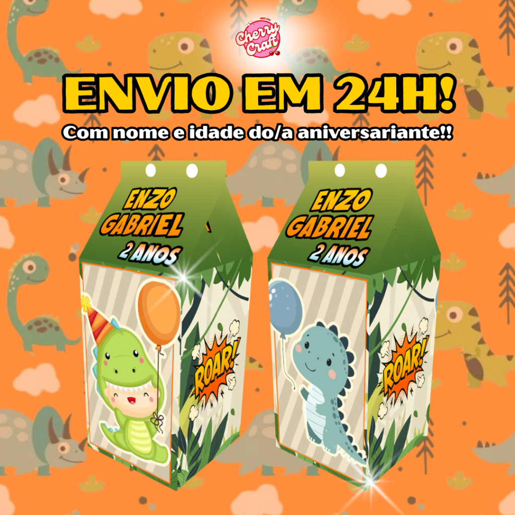 Caixinhas Dinossauro Dino Baby Aniversário Milk Leite PAPEL BRILHANTE Lembrancinhas Personalizado Nome Idade Frase