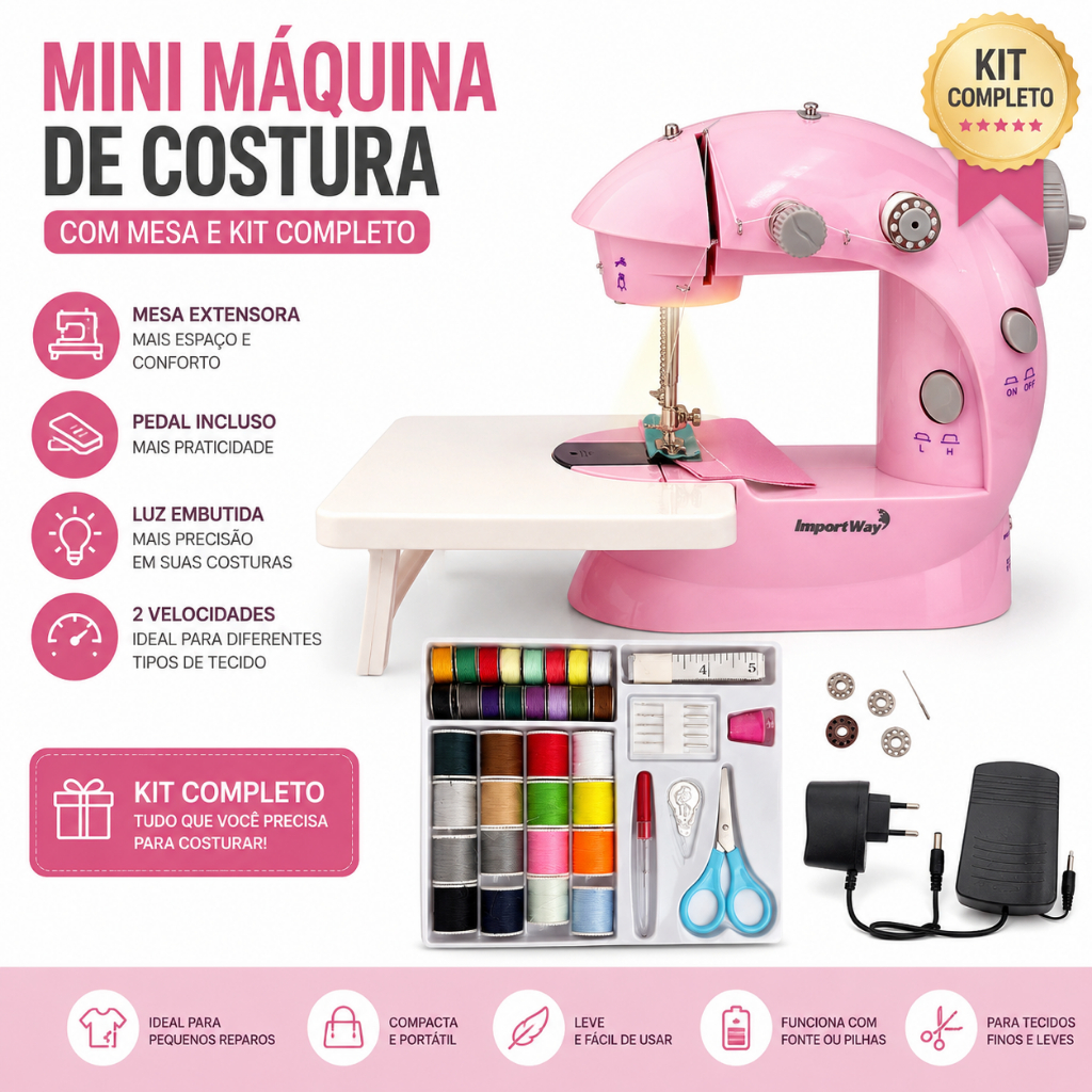 Imagem Mini Máquina Costura Rosa Portátil Com Mesa E Kit De Costura Importway