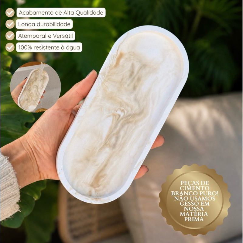 Bandeja Oval G Organizadora Minimalista para Decoração de Cimento Artesanal Resistente à Água.