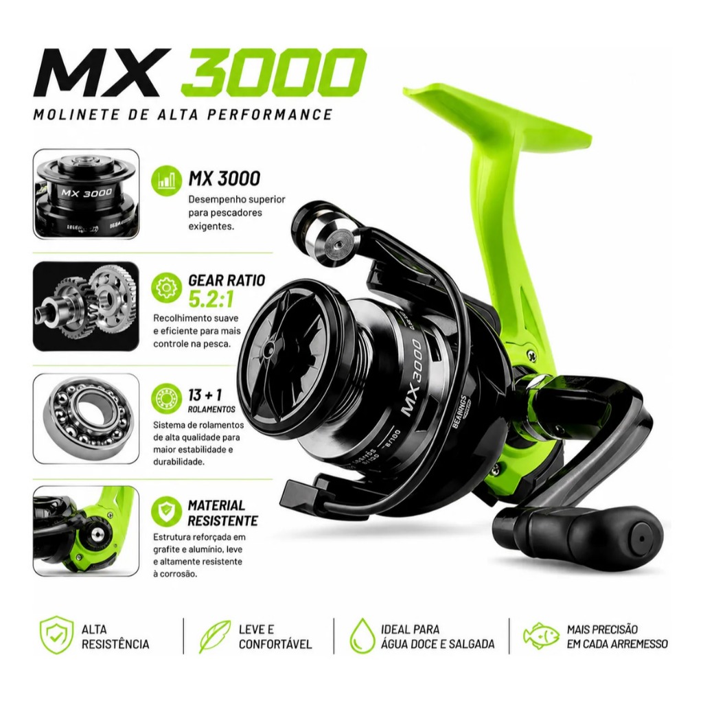 Molinete Carretel De Pesca Manual Mx3000 5.2.1 Portátil Profissional Verde Preto