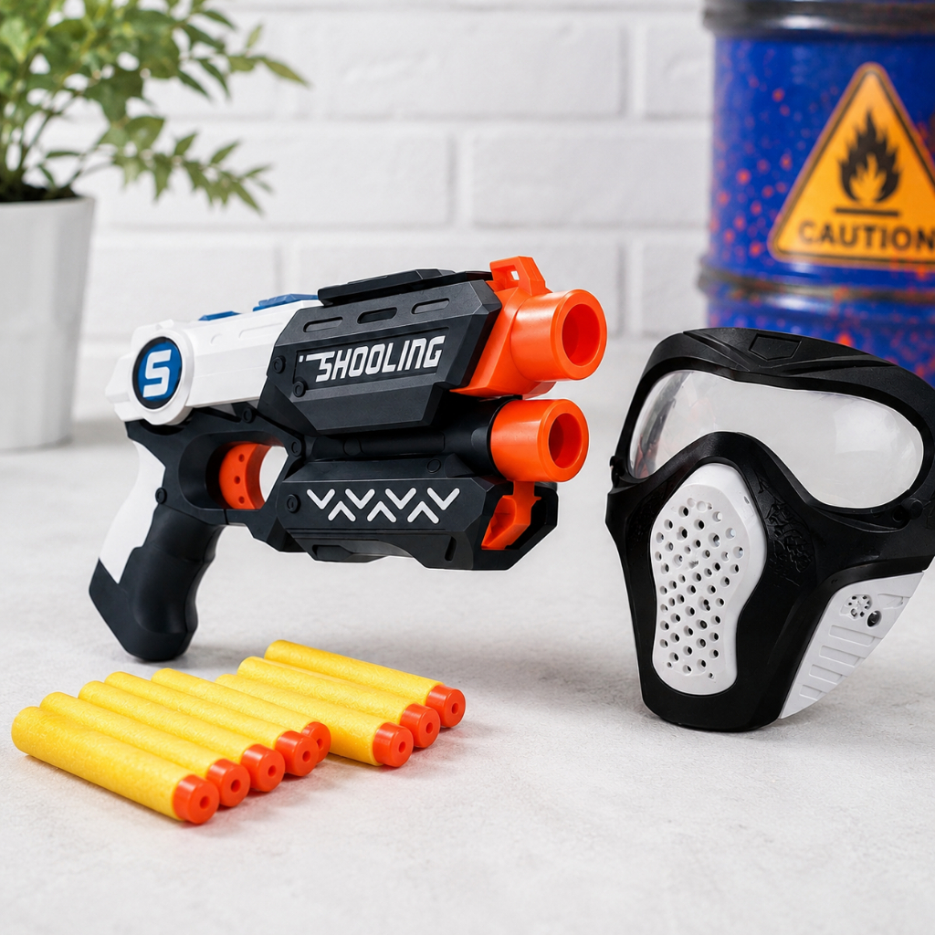Kit Lança Dardos Nerf de Pressão Tiro Ao Alvo Soft com Mascara Regulável Alvo e 10 Dardos
