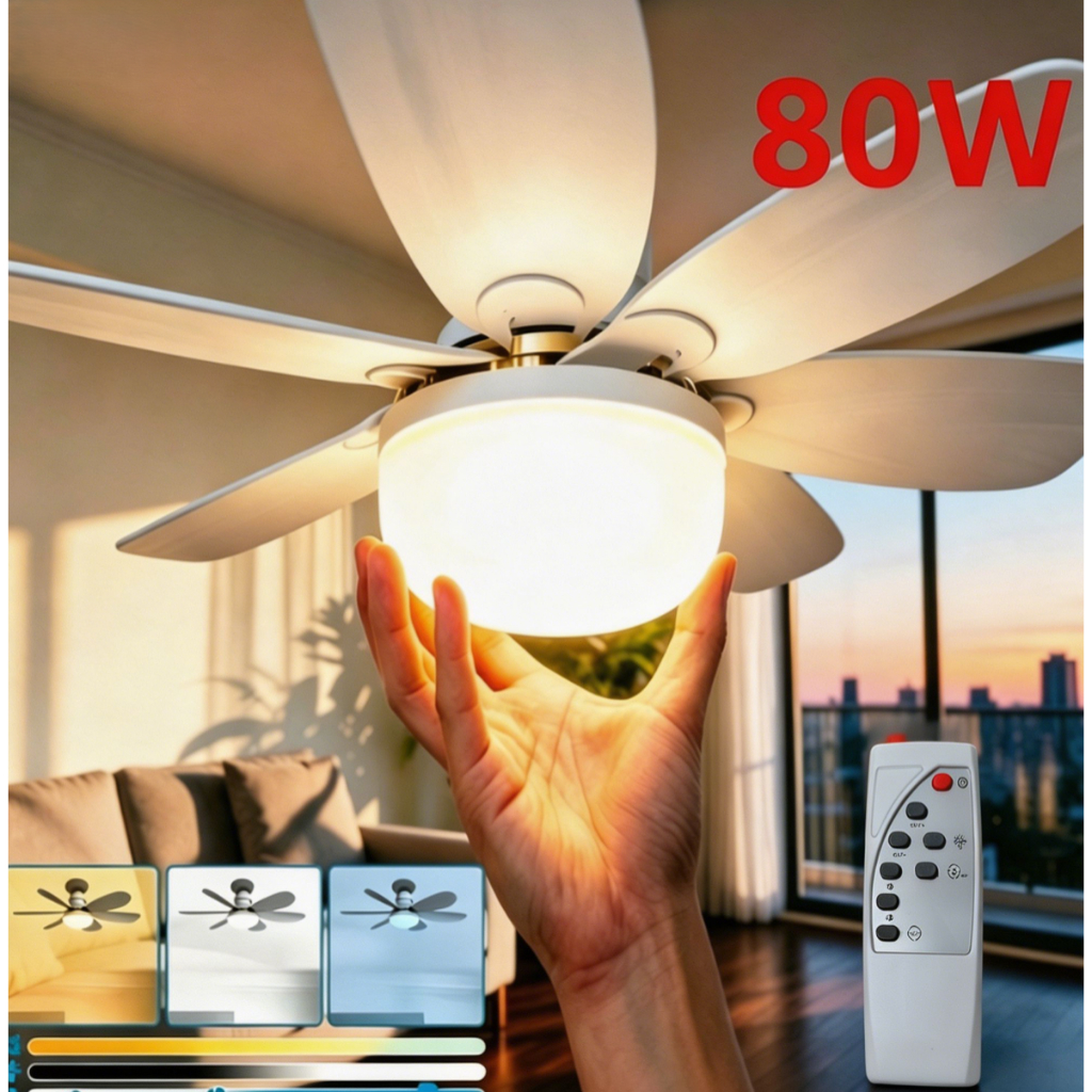 Kit 80W Ventilador de Teto PRO 42cm E27 Controle Remoto Silencioso Luminária 3 Modos Luz Econômico Para Casa