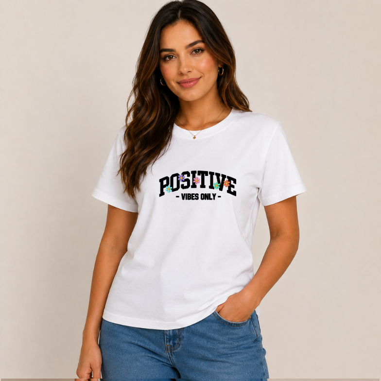 Camiseta Feminina Positive Vibes Only Algodão Casual Estampada Tendência Confortável