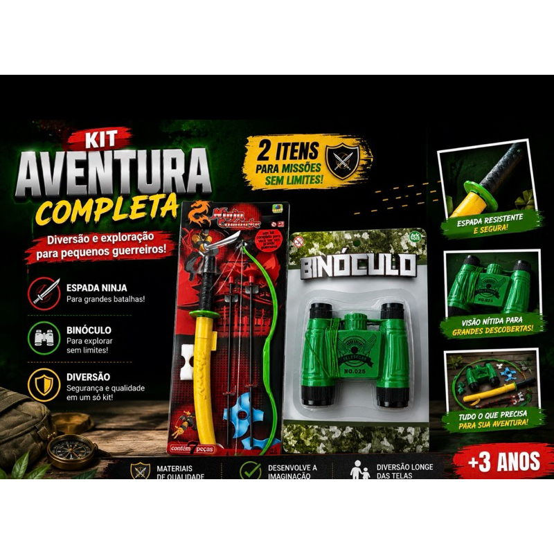Kit Aventura Infantil Espada Ninja com Arco e Flecha + Binóculo Explorador 3 Anos+ 2 Brinquedos