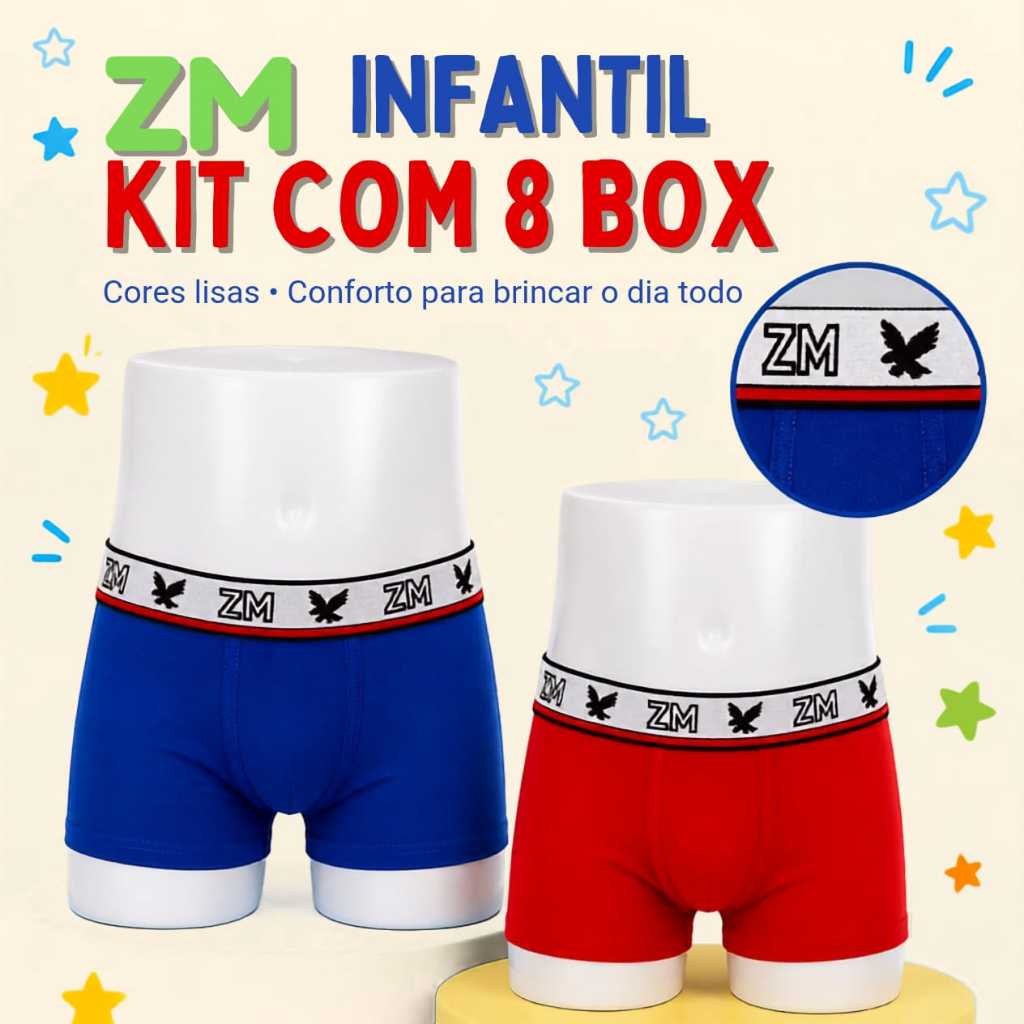 Kit com 8 Cuecas Boxer Infantil para Meninos em Microfibra Cueca Box Juvenil Conforto para os Pequenos