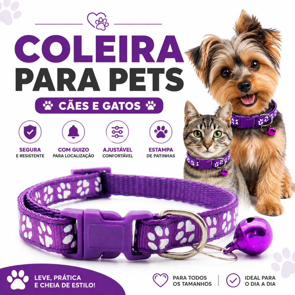 Coleira Para Gato Cachorro Regulagem Ajustável Estampa Patinhas Cor Roxo