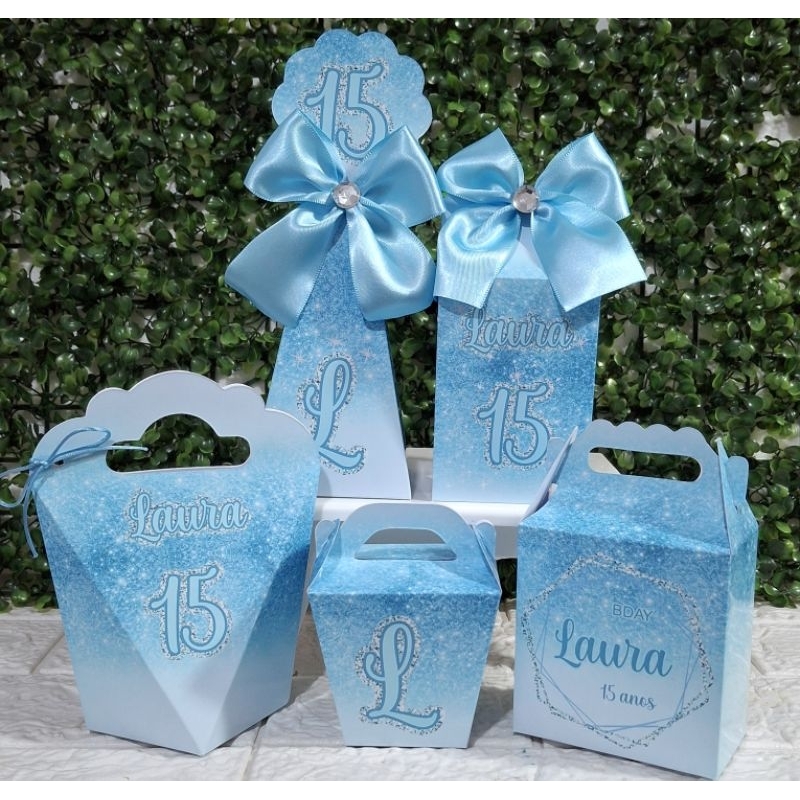 Kit Caixinhas 15 anos, Azul Claro Lembrancinha Personalizada Aniversário(FAZEMOS TODAS IDADES)