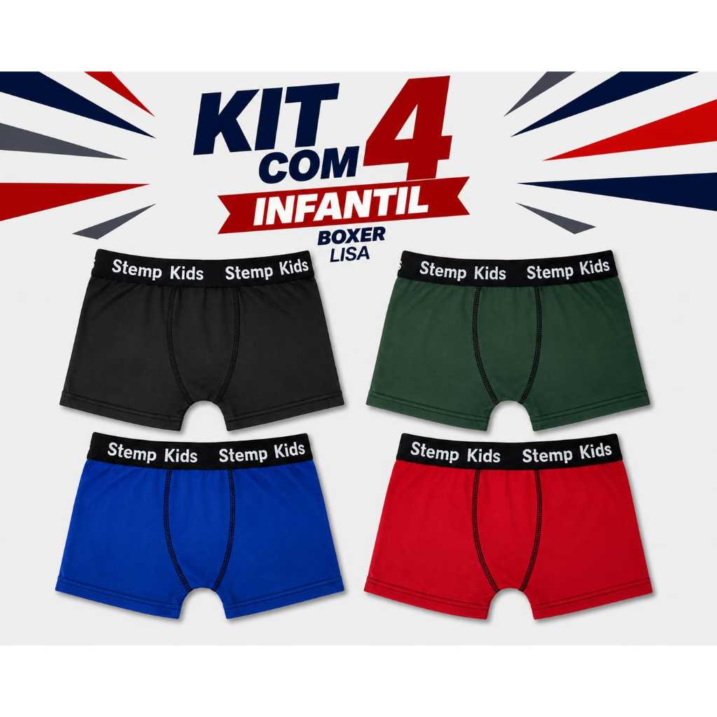 Kit com 4 Cuecas  Boxer Infantil Lisa em Microfibra com Elástico Exposto Cueca Box Infanto para Meninos.