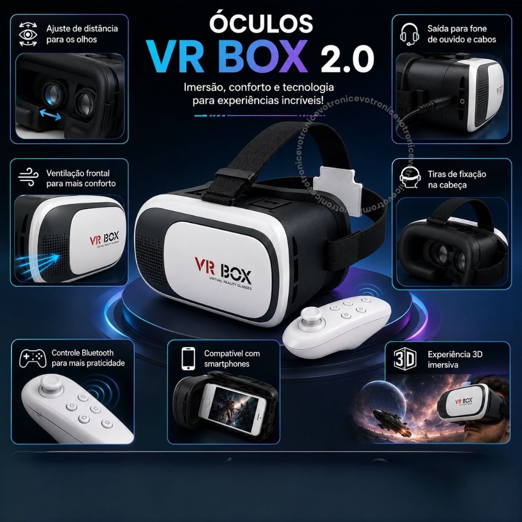 Óculos VR Box 2.0 Realidade Virtual 3D  Bluetooth  Cardboard Controle para todos os tipos de Celular