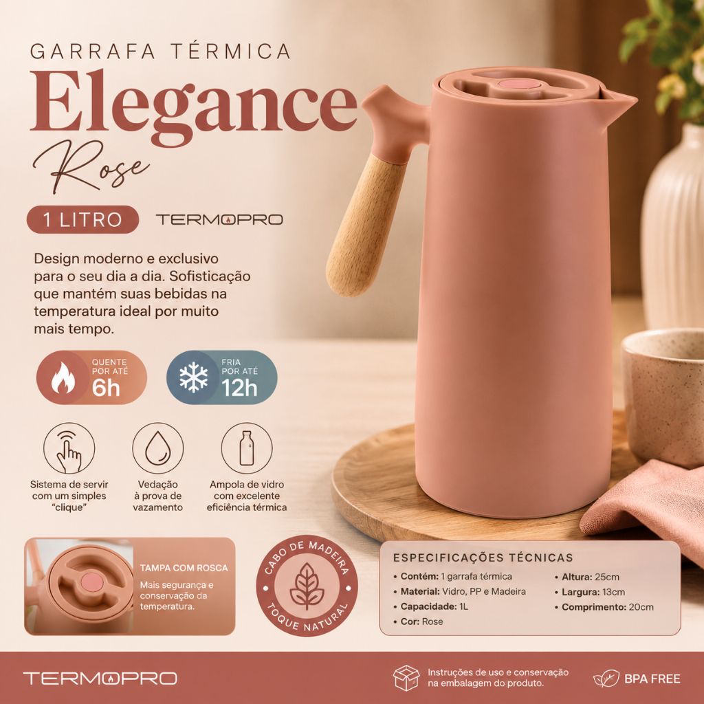 Garrafa Térmica Elegance Rose 1L Termopro com Ampola de Vidro Com Cabo de Madeira