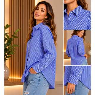 Camisa Feminina Listrada Camisa Manga Longa Feminina Camisa Elegante Camisa Azul e Branca Camisa Casual