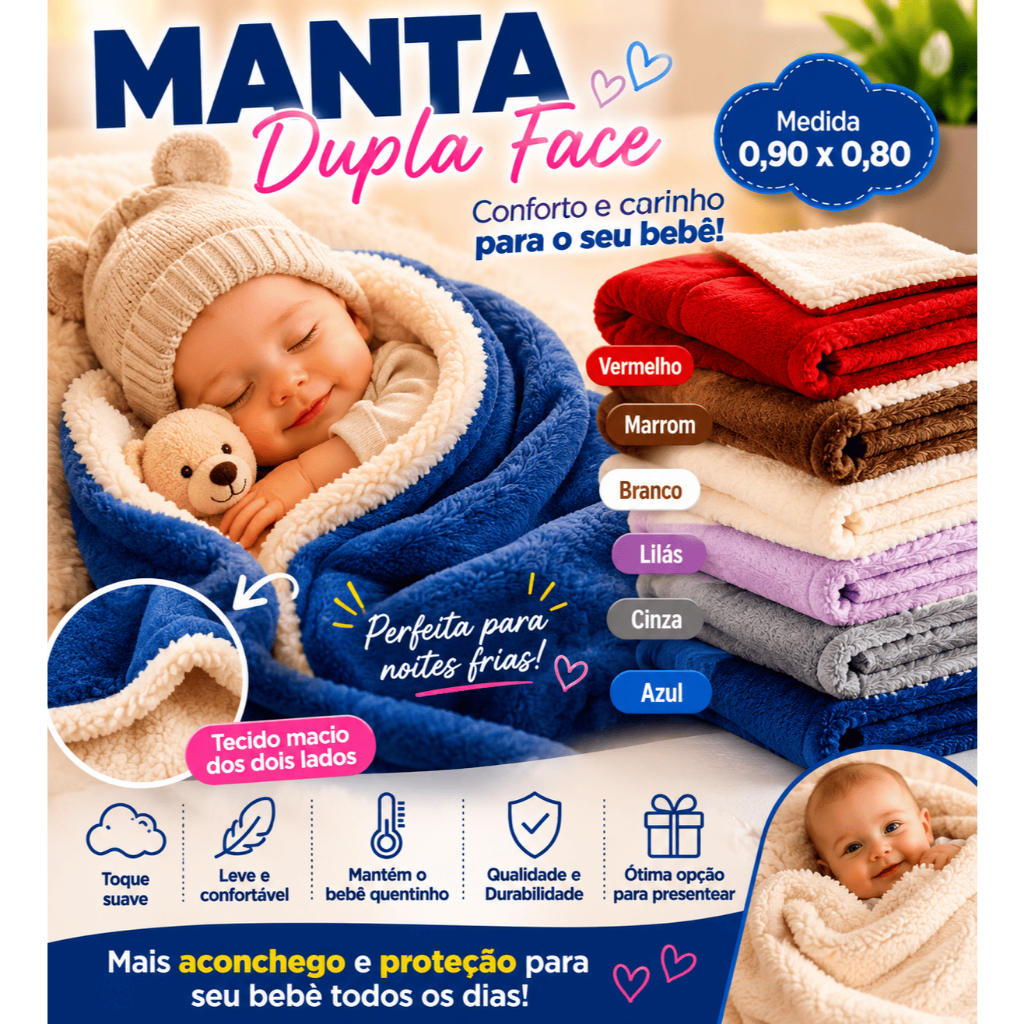 Manta Bebê Dupla Face Sherpa Plush 90x80cm Macia Quentinha Berço Carrinho