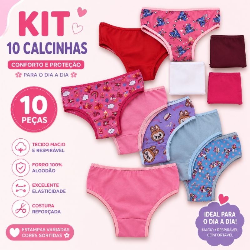 Calcinha infantil menina Kit 3/5/10 100% Algodão Cotton Confortável lisas e Estampadas Tamanhos 2 ao 13 Anos
