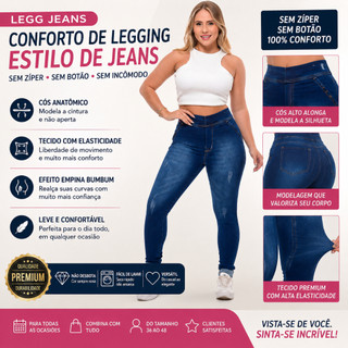 Calça Legg Jeans sem zíper e sem botão cintura alta lavagem escura premium