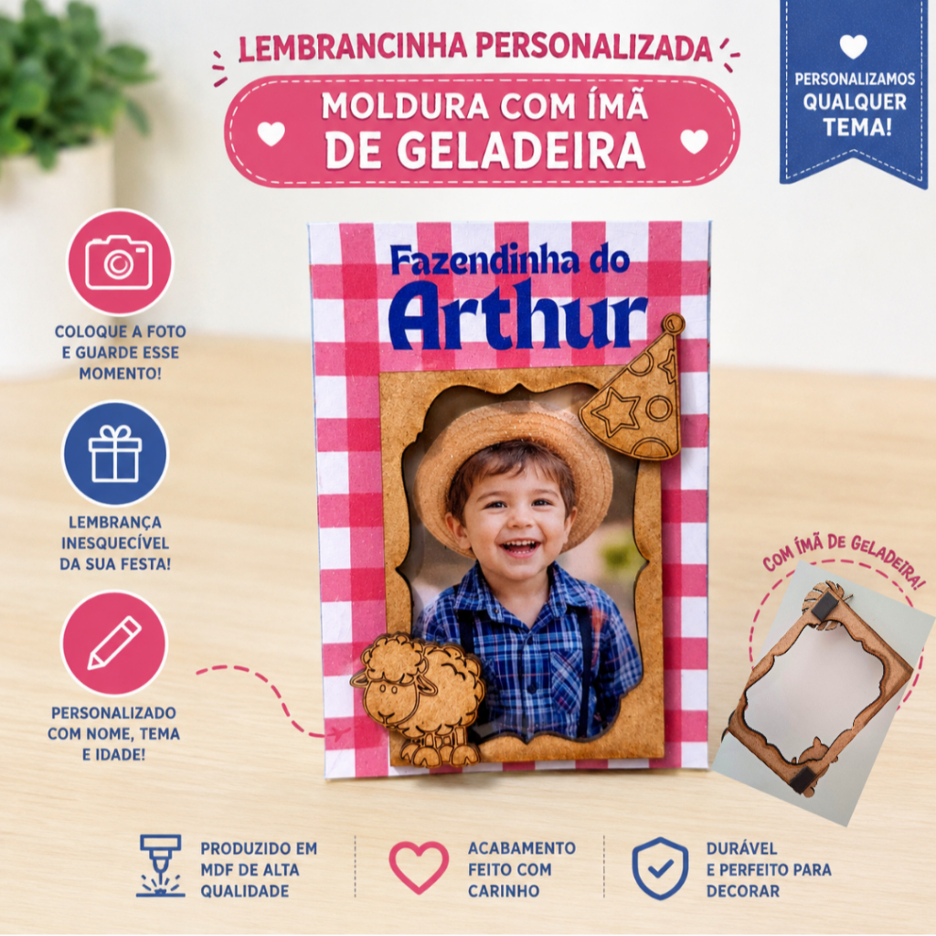 Lembrancinha de Aniversário Infantil Personalizada | Moldura de MDF para Foto com Ímã de Geladeira