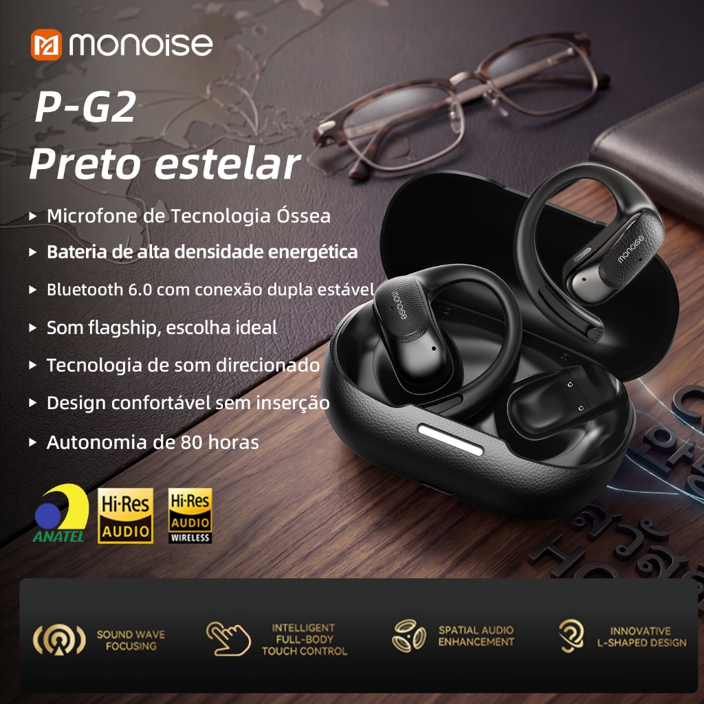 Monoise P-G2 Fone de Ouvido Bluetooth OWS de Condução Óssea Driver de 18mm com Membrana de Titânio Tesla Som Hi-Fi